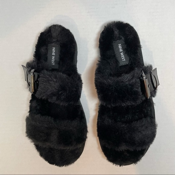NINE WEST Women's Funkie2 Flat Faux Fur Black Sandals Size 7M - Picture 4 of 8